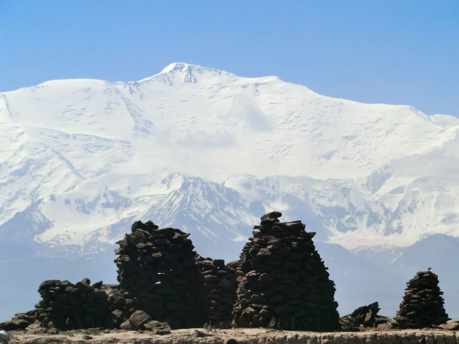 Tents of the Achik-Tash base camp below the snow-covered Lenin Peak
