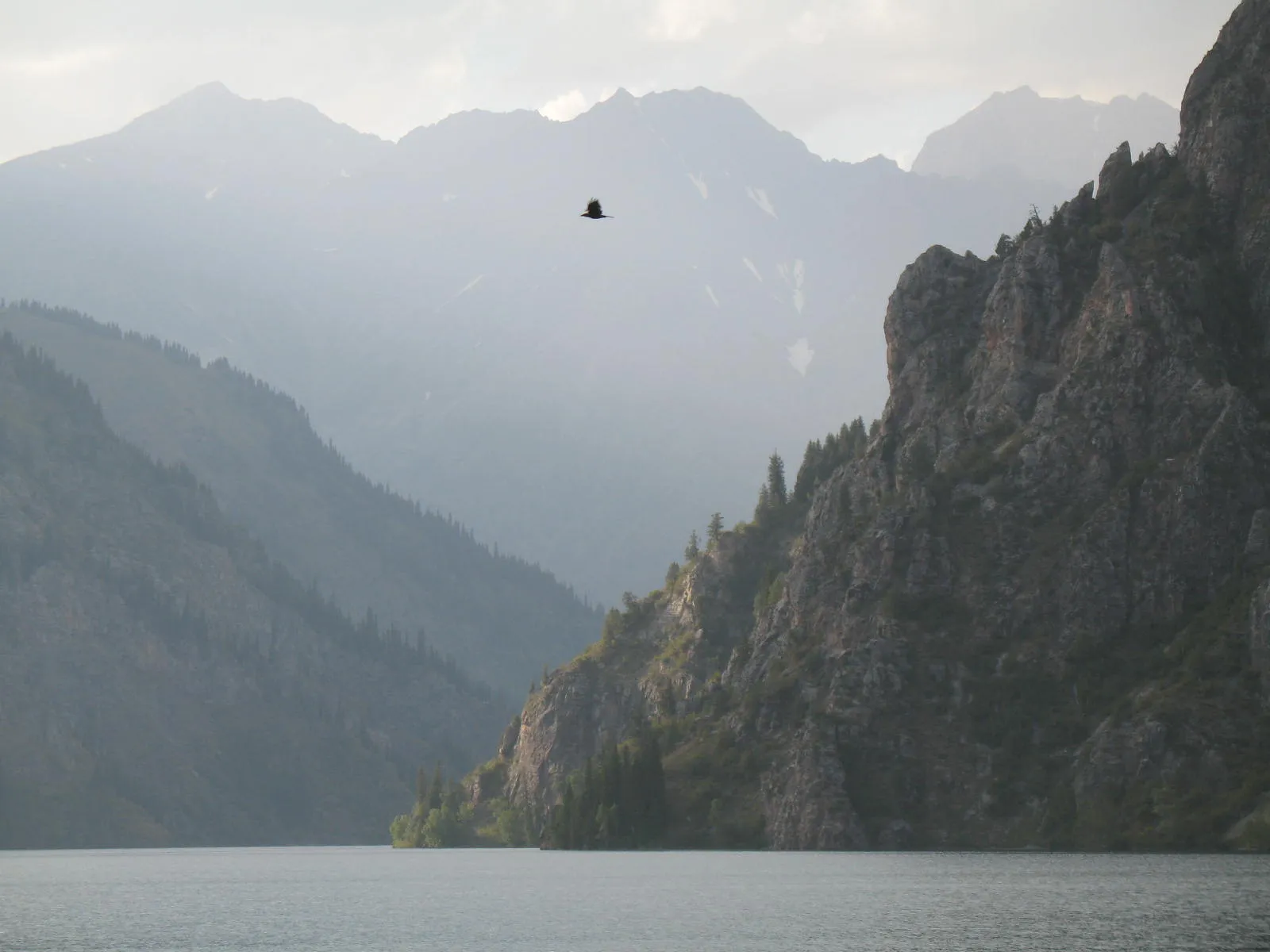 Sary-Chelek Lake surrounded by forested mountain slopes