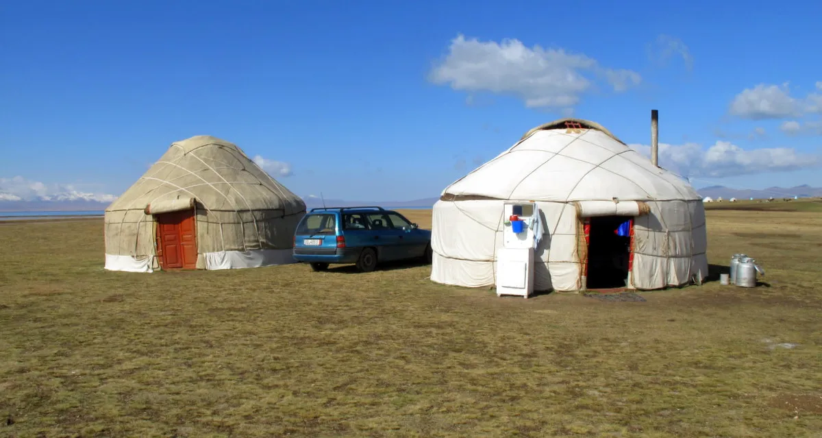 Yurt camp on the shore of Song-Kul lake in Kyrgyzstan